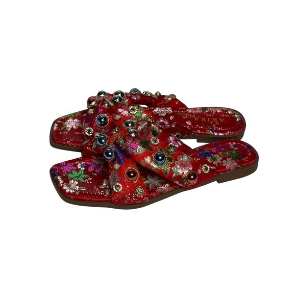 Akira Ramsey Red Satin Floral Jewel Slide Sandals Size 7 | Embellished New - Picture 7 of 11